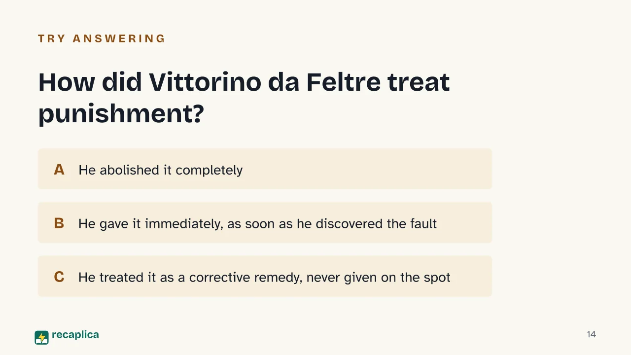 Slide 14 of the presentation on Humanist Pedagogy: How did Vittorino da Feltre treat punishment?