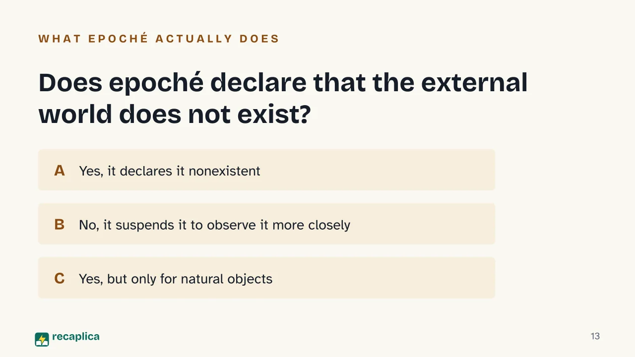 Slide 13 of the presentation on What Is Phenomenology? Husserl's Philosophy Explained: Does epoché declare that the external world does not exist?