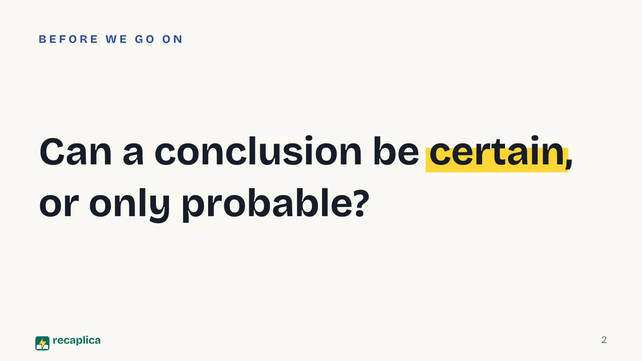 Slide 2 of the presentation on Inductive and Deductive Reasoning: Can a conclusion be certain, or only probable?