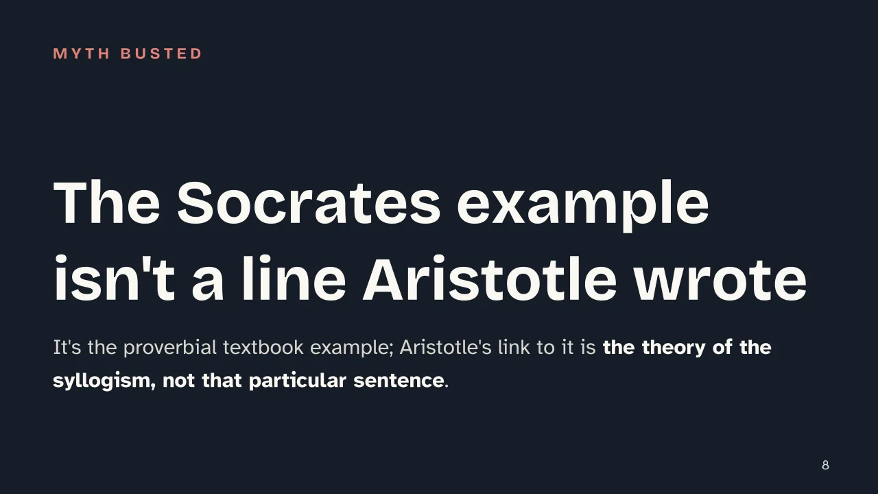Slide 8 of the presentation on Inductive and Deductive Reasoning: The Socrates example isn't a line Aristotle wrote