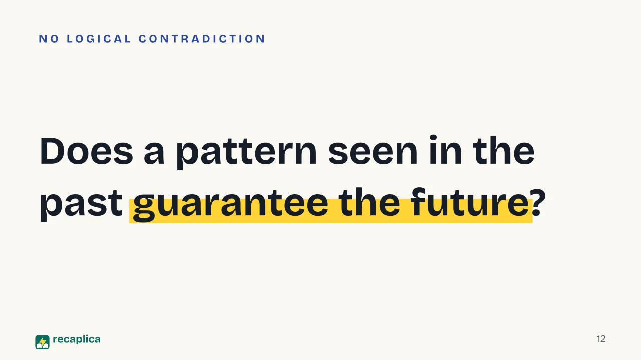 Slide 12 of the presentation on Inductive and Deductive Reasoning: Does a pattern seen in the past guarantee the future?