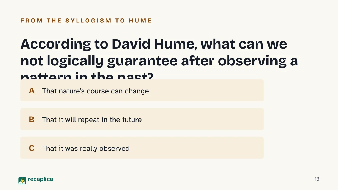 Slide 13 of the presentation on Inductive and Deductive Reasoning: According to David Hume, what can we not logically guarantee after observing a pattern in the past?