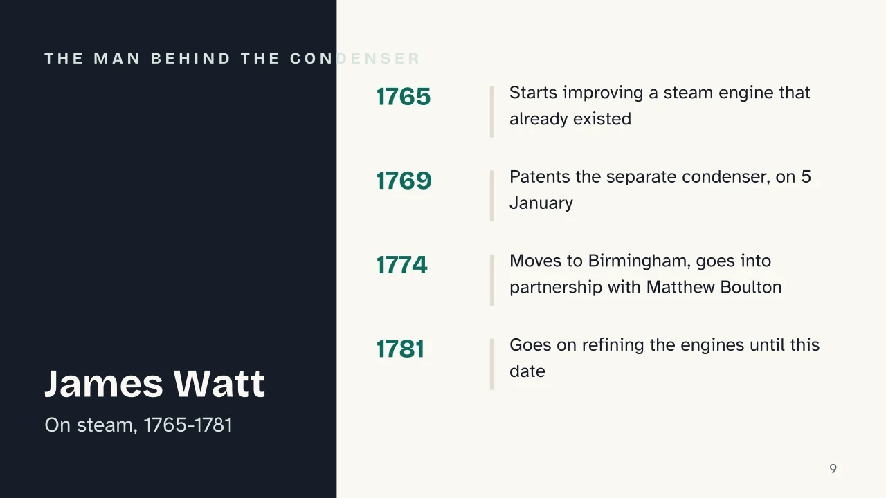 Slide 9 of the presentation on Industrial Revolution: The man behind the condenser