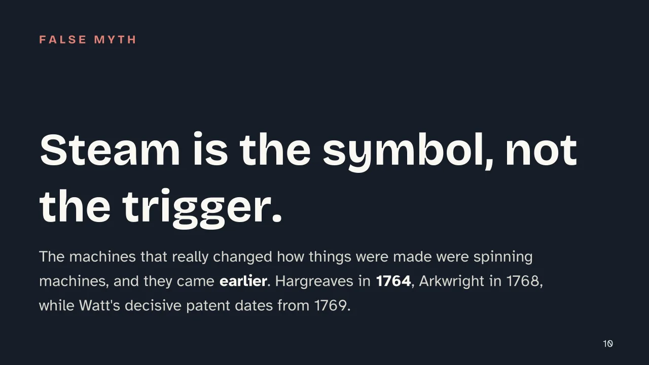 Slide 10 of the presentation on Industrial Revolution: Steam is the symbol, not the trigger.