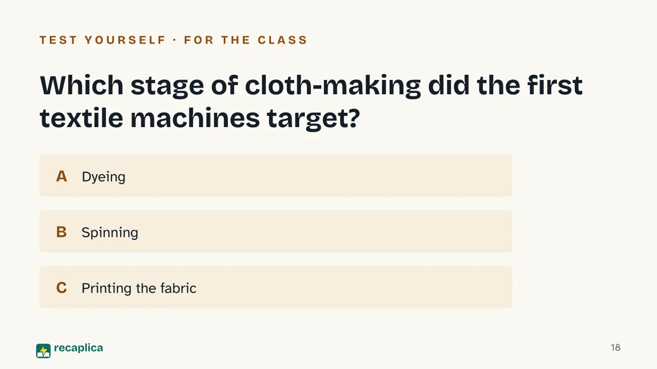 Slide 18 of the presentation on Industrial Revolution: Which stage of cloth-making did the first textile machines target?
