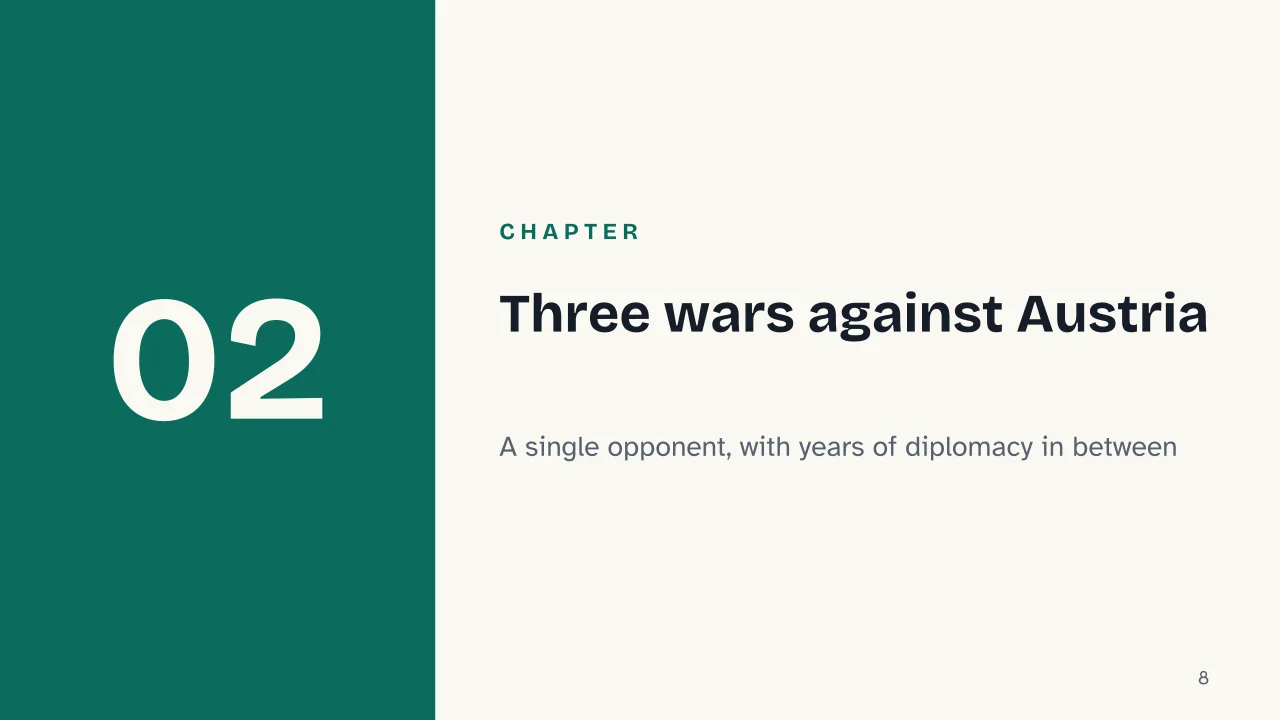 Slide 8 of the presentation on Italian Unification (Risorgimento): Chapter 02: Three wars against Austria