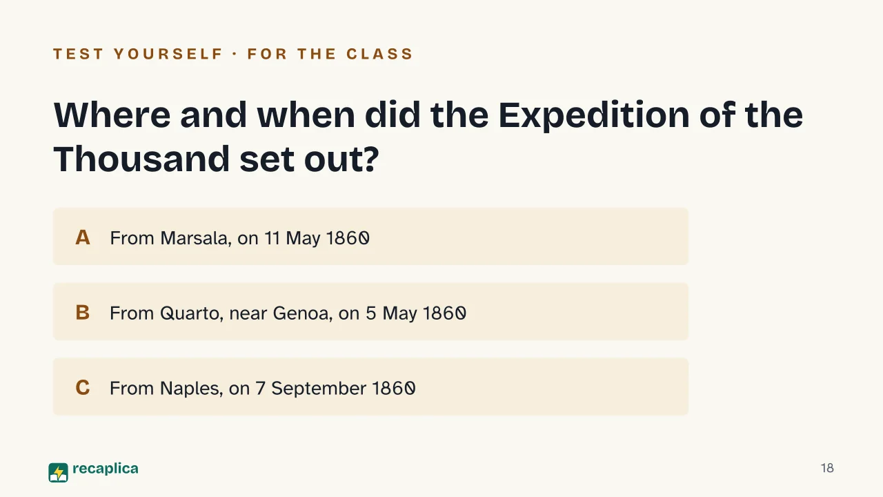 Slide 18 of the presentation on Italian Unification (Risorgimento): Where and when did the Expedition of the Thousand set out?