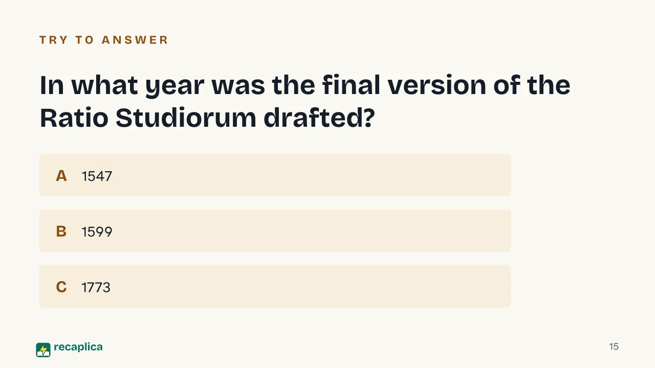 Slide 15 of the presentation on Jesuit Education and the Ratio Studiorum: In what year was the final version of the Ratio Studiorum drafted?