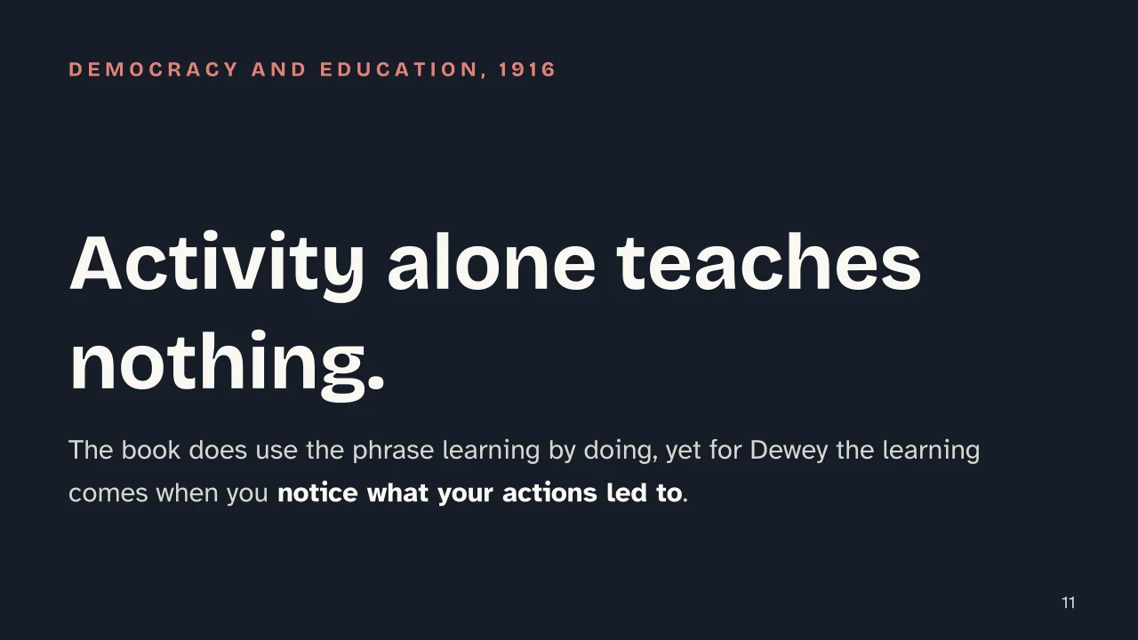 Slide 11 of the presentation on John Dewey: Activity alone teaches nothing.
