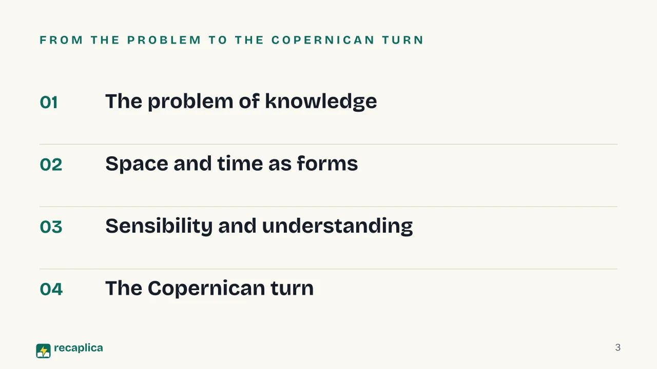 Slide 3 of the presentation on Critique of Pure Reason Summary: From the problem to the Copernican turn