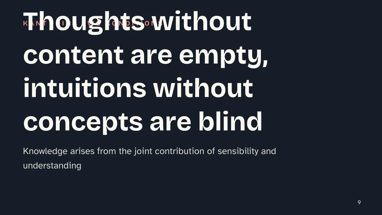Slide 9 of the presentation on Critique of Pure Reason Summary: Thoughts without content are empty, intuitions without concepts are blind
