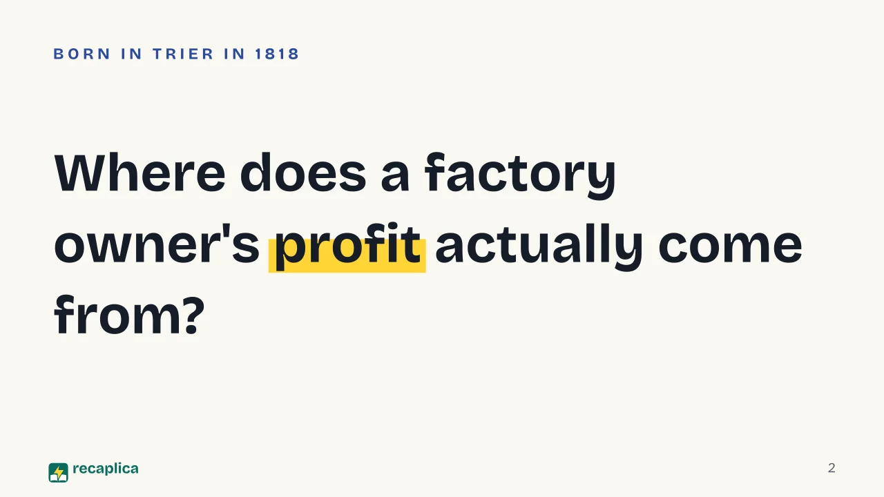 Slide 2 of the presentation on Karl Marx: Where does a factory owner's profit actually come from?