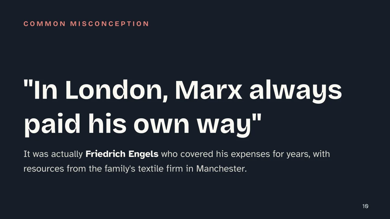 Slide 10 of the presentation on Karl Marx: "In London, Marx always paid his own way"