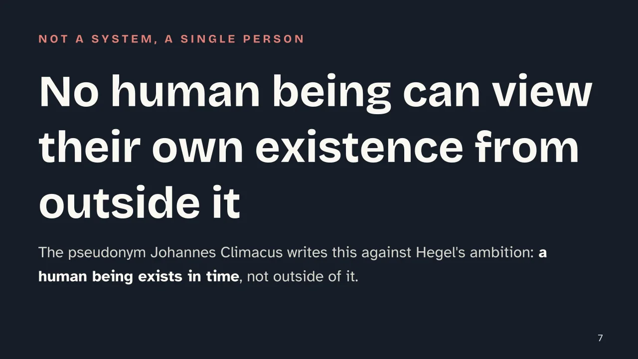 Slide 7 of the presentation on Kierkegaard: No human being can view their own existence from outside it
