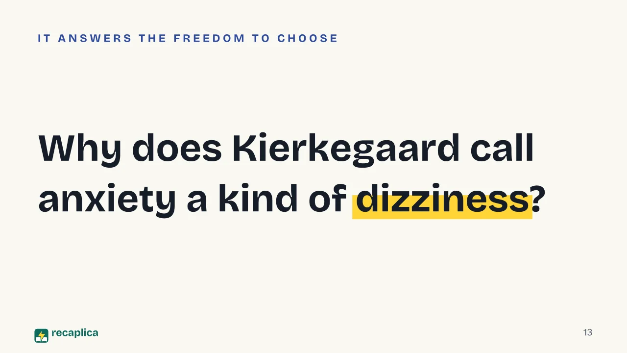 Slide 13 of the presentation on Kierkegaard: Why does Kierkegaard call anxiety a kind of dizziness?