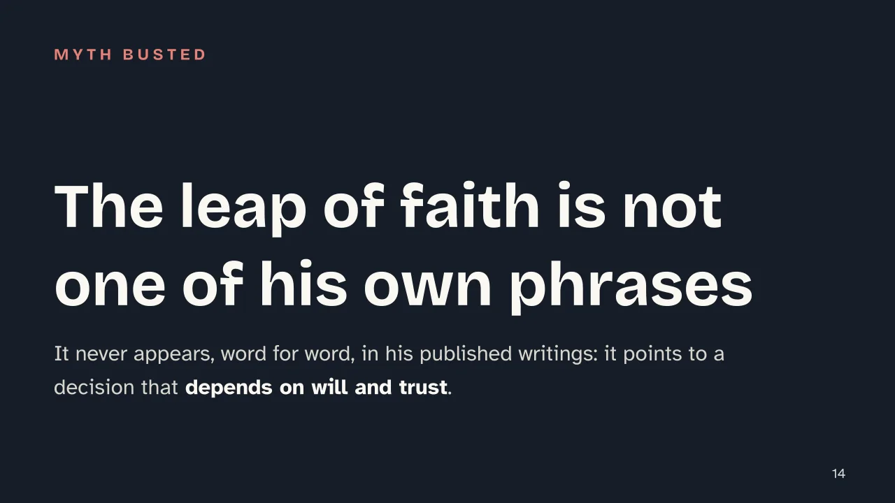 Slide 14 of the presentation on Kierkegaard: The leap of faith is not one of his own phrases