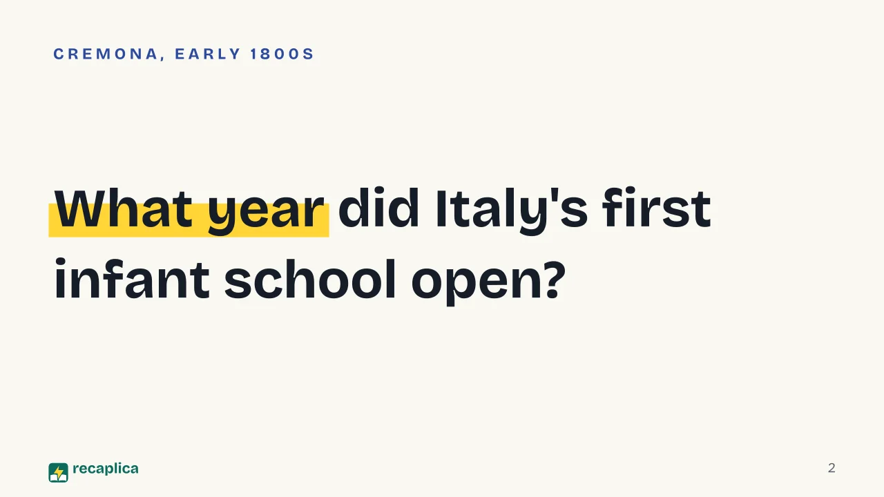 Slide 2 of the presentation on Kindergarten Origin: What year did Italy's first infant school open?