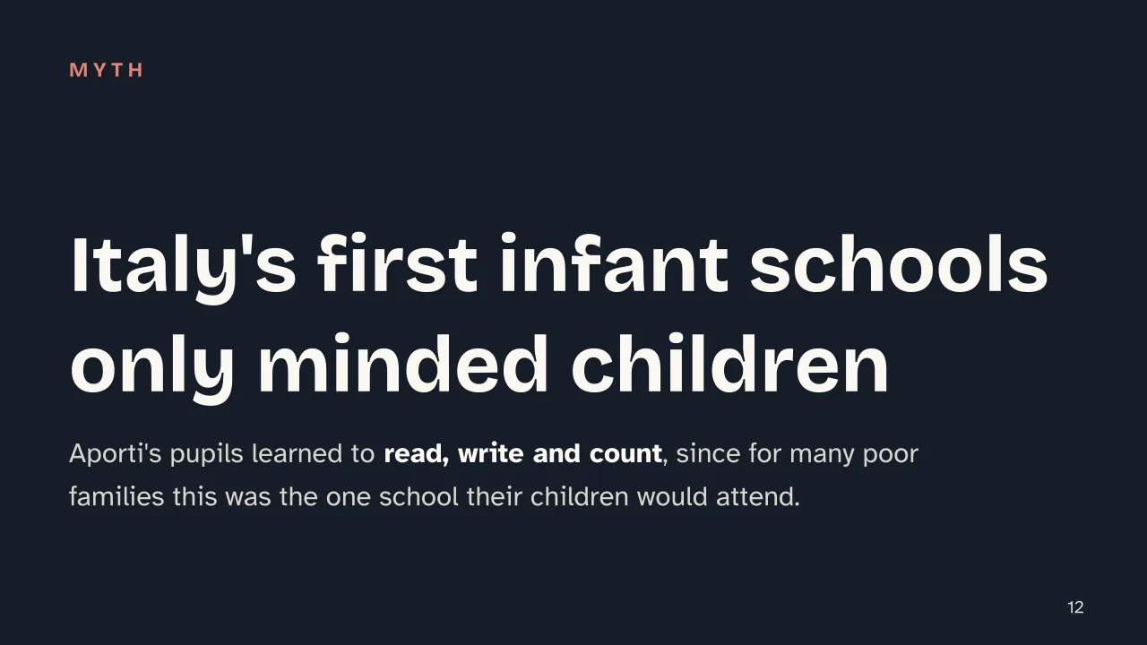 Slide 12 of the presentation on Kindergarten Origin: Italy's first infant schools only minded children