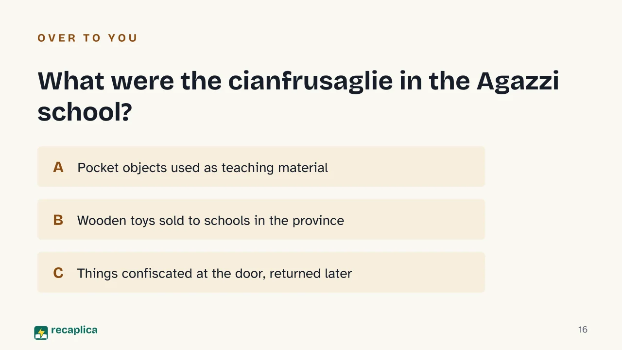 Slide 16 of the presentation on Kindergarten Origin: What were the cianfrusaglie in the Agazzi school?