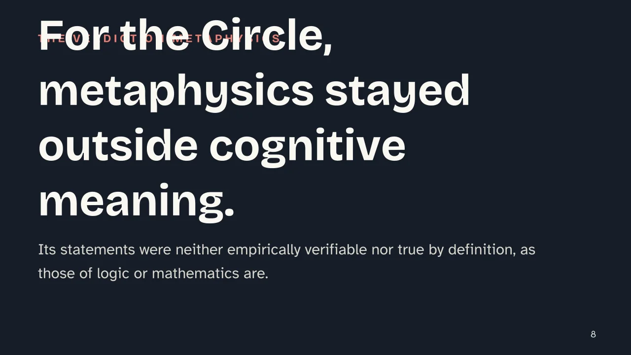 Slide 8 of the presentation on Logical Positivism: For the Circle, metaphysics stayed outside cognitive meaning.