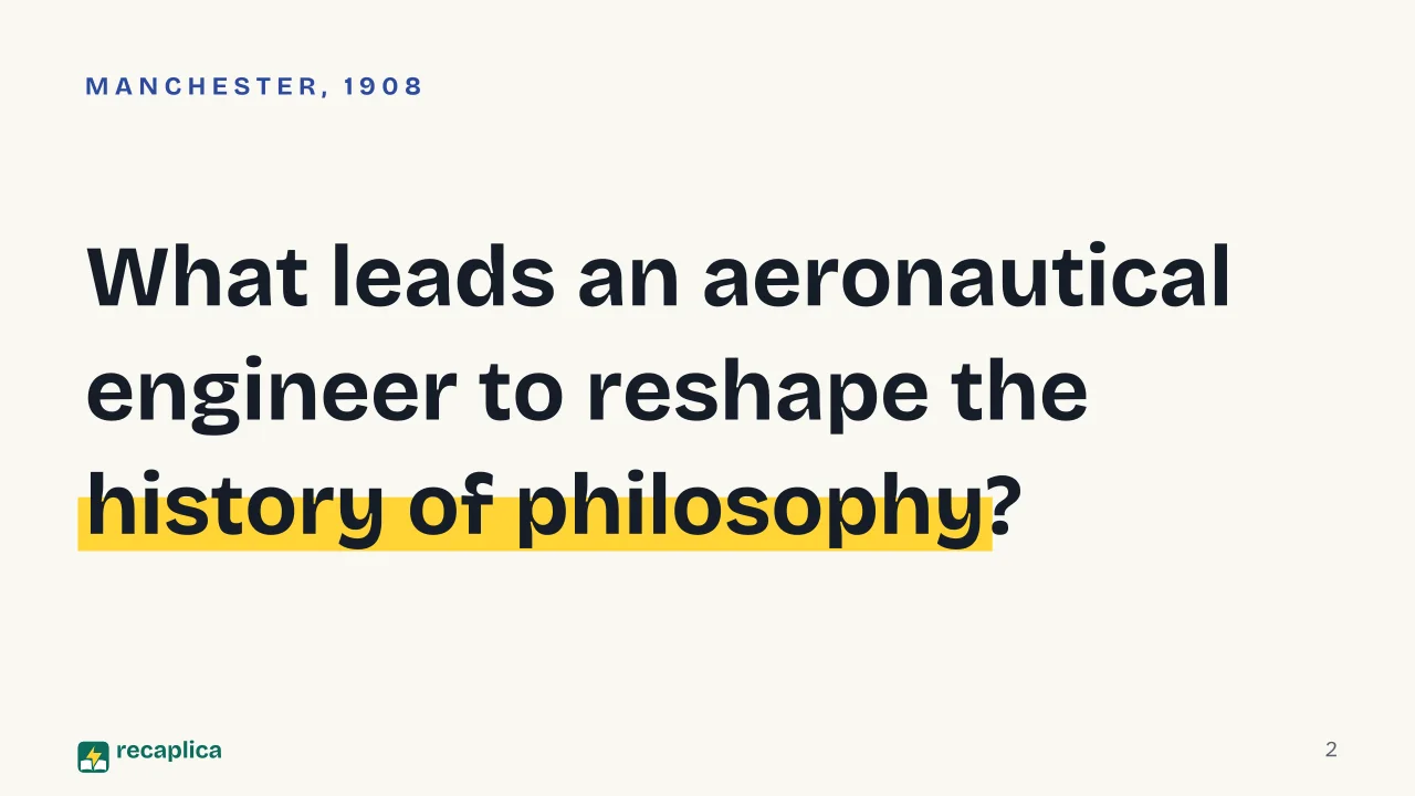 Slide 2 of the presentation on Wittgenstein and Analytic Philosophy: What leads an aeronautical engineer to reshape the history of philosophy?