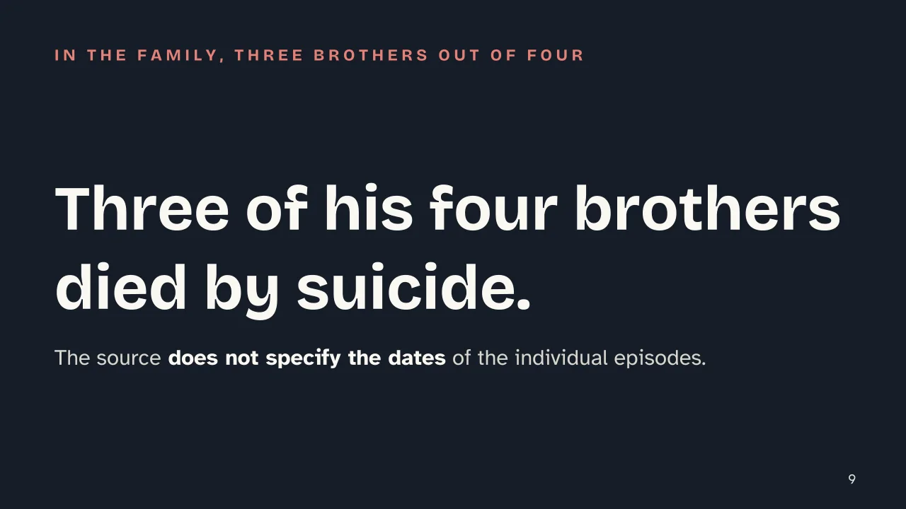 Slide 9 of the presentation on Wittgenstein and Analytic Philosophy: Three of his four brothers died by suicide.