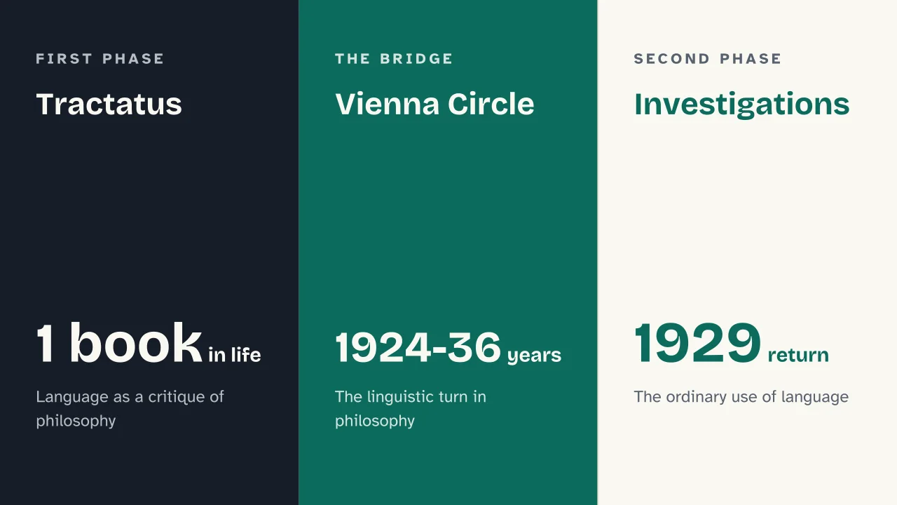 Slide 12 of the presentation on Wittgenstein and Analytic Philosophy: Tractatus · Vienna Circle · Investigations