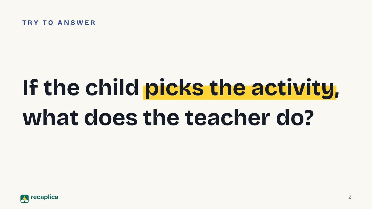 Slide 2 of the presentation on Maria Montessori and the Montessori Method: If the child picks the activity, what does the teacher do?
