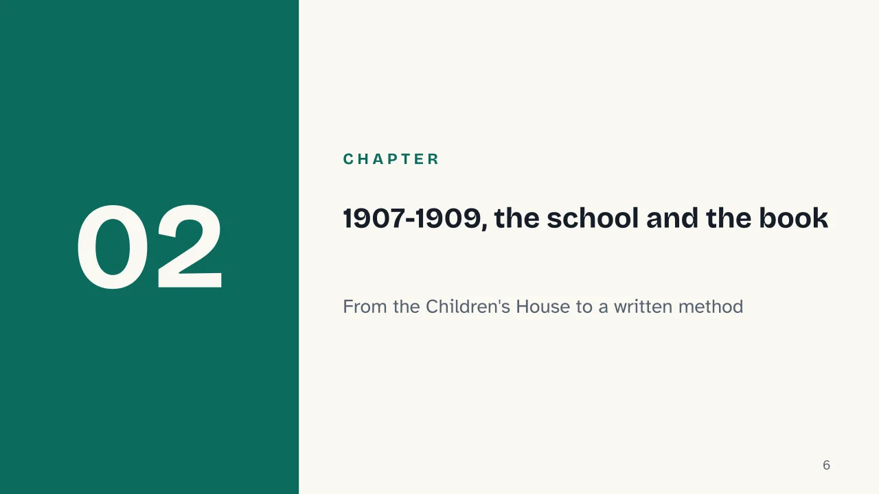 Slide 6 of the presentation on Maria Montessori and the Montessori Method: Chapter 02: 1907-1909, the school and the book
