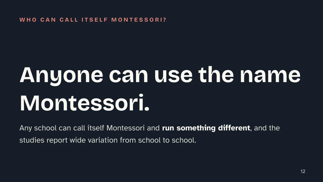 Slide 12 of the presentation on Maria Montessori and the Montessori Method: Anyone can use the name Montessori.
