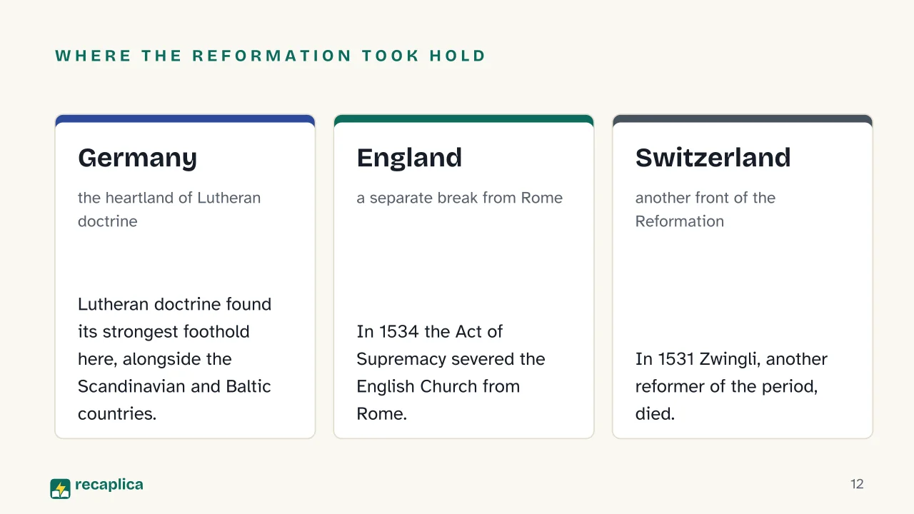 Slide 12 of the presentation on Martin Luther and the Protestant Reformation: Where the Reformation took hold: Germany, England, Switzerland