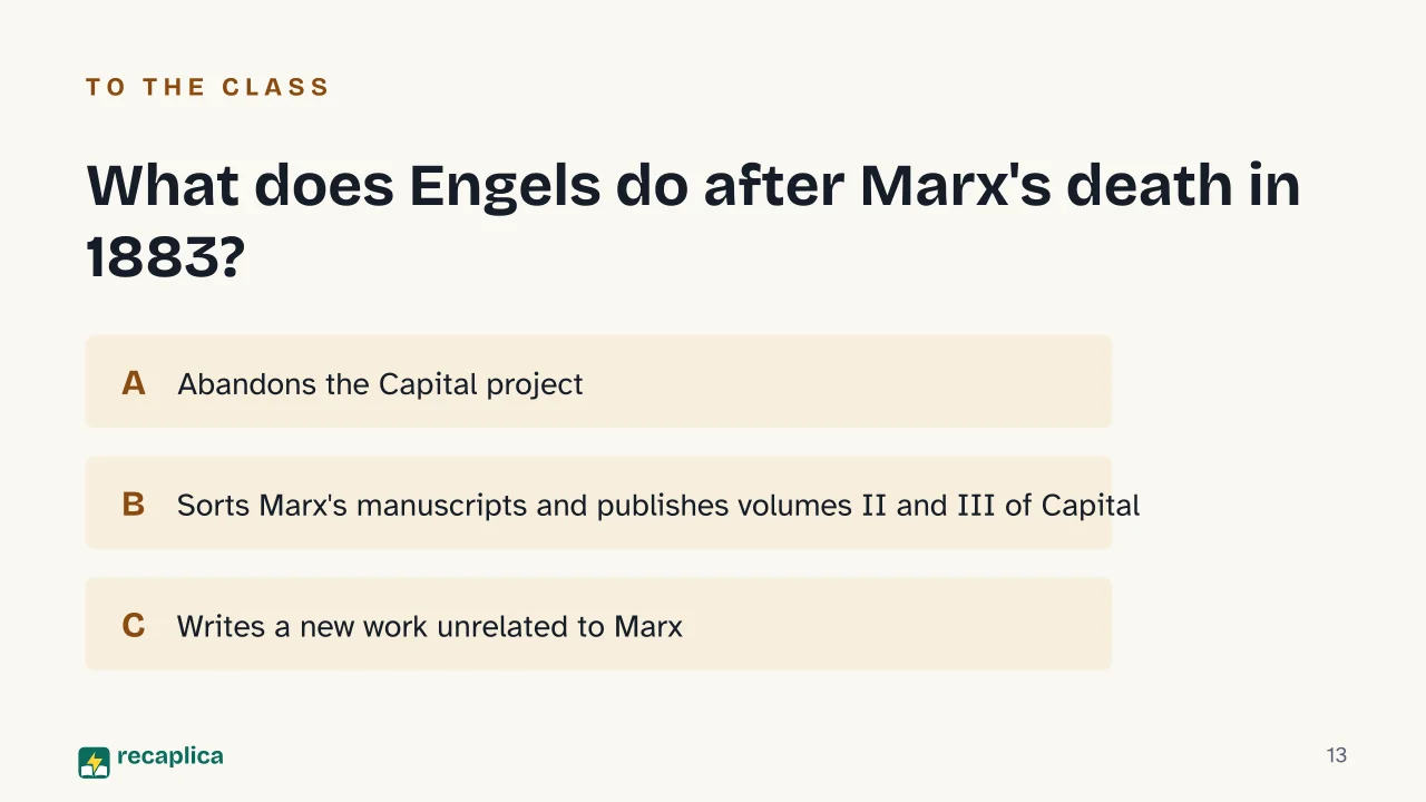 Slide 13 of the presentation on Marx and Engels: What does Engels do after Marx's death in 1883?