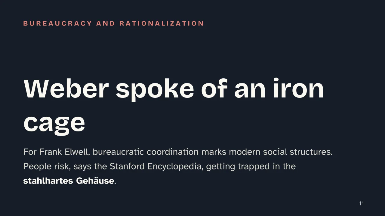Slide 11 of the presentation on Max Weber: Weber spoke of an iron cage