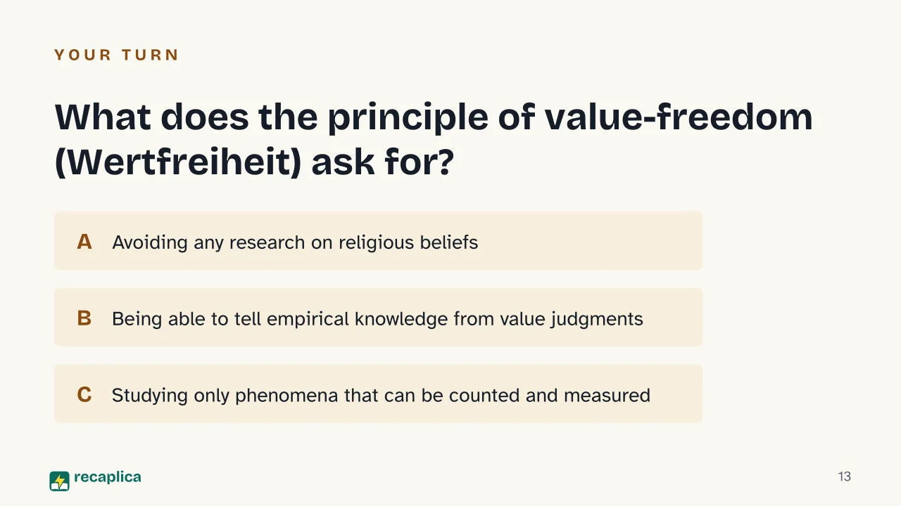 Slide 13 of the presentation on Max Weber: What does the principle of value-freedom (Wertfreiheit) ask for?