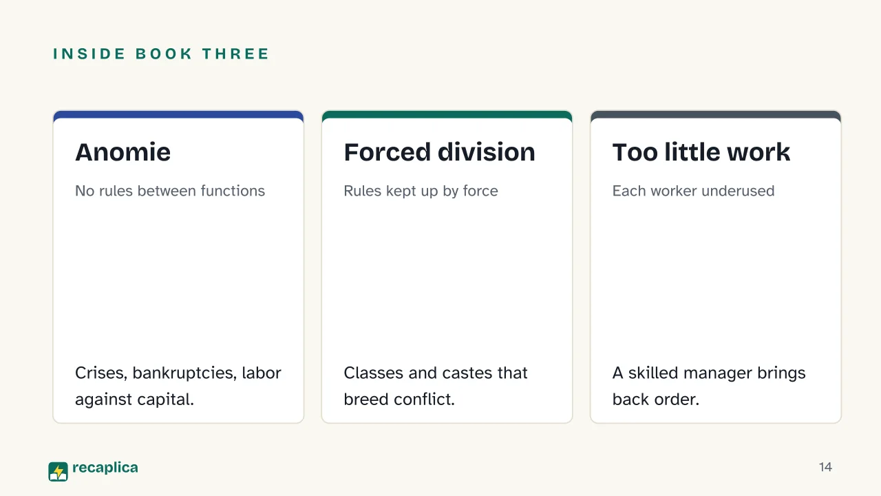Slide 14 of the presentation on Mechanical and Organic Solidarity: Inside Book Three: Anomie, Forced division, Too little work