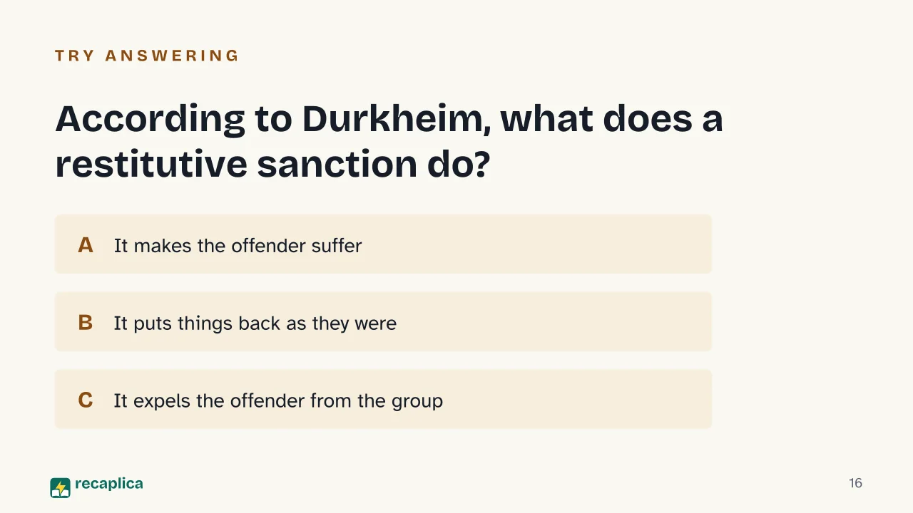 Slide 16 of the presentation on Mechanical and Organic Solidarity: According to Durkheim, what does a restitutive sanction do?