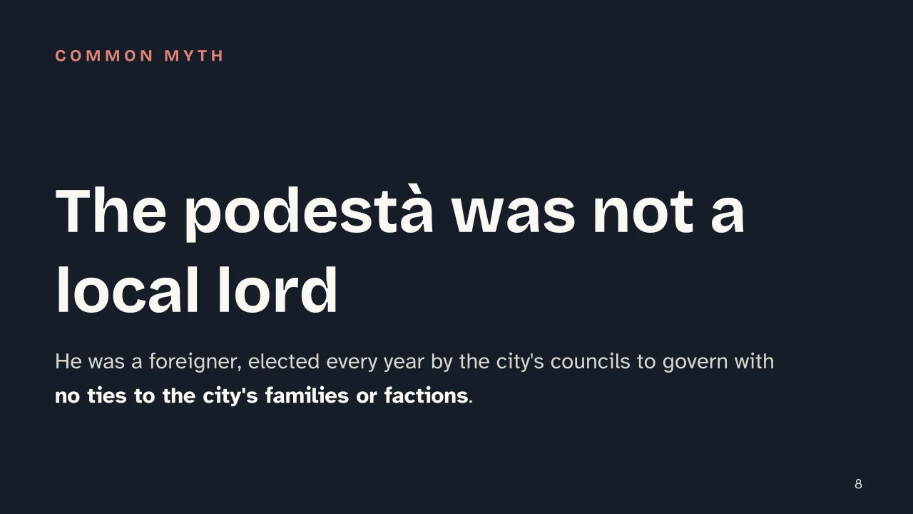 Slide 8 of the presentation on Italian City-State: The podestà was not a local lord