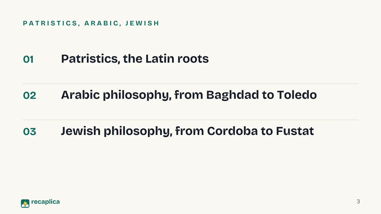 Slide 3 of the presentation on Medieval Philosophy: Patristics, Arabic, Jewish