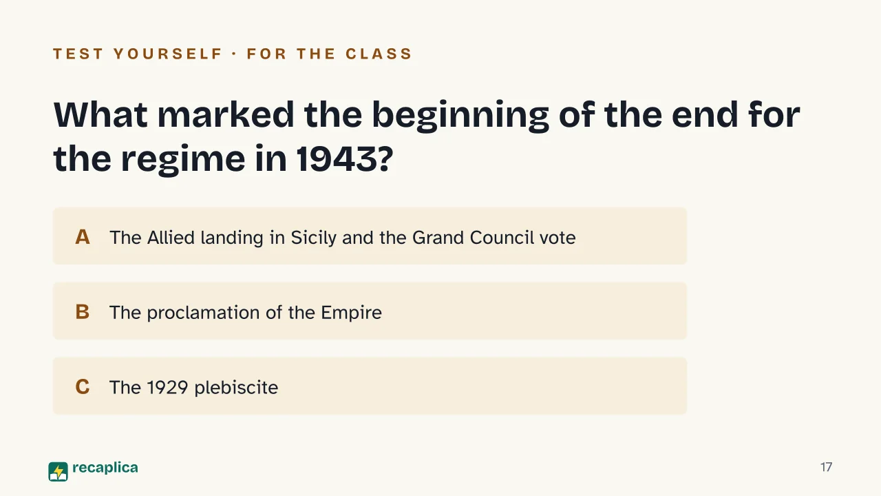 Slide 17 of the presentation on The Mussolini Myth: What marked the beginning of the end for the regime in 1943?