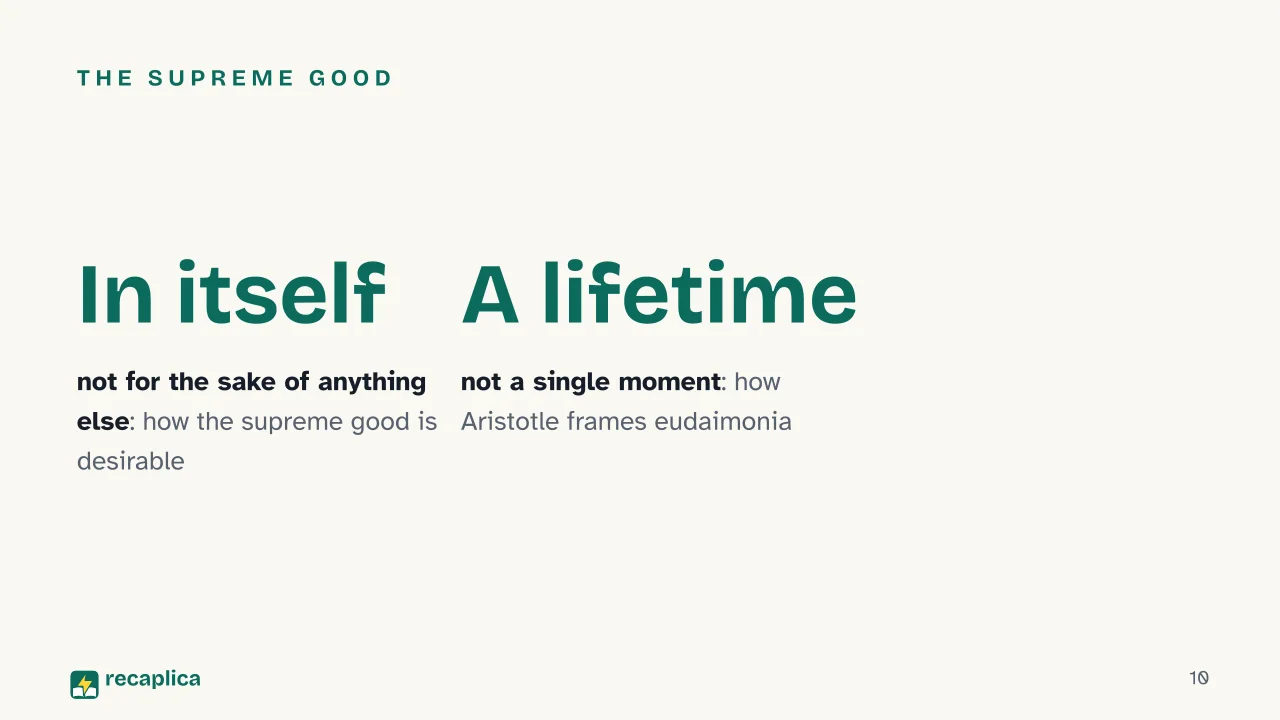 Slide 10 of the presentation on Nicomachean Ethics: The supreme good