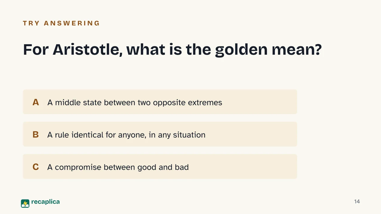 Slide 14 of the presentation on Nicomachean Ethics: For Aristotle, what is the golden mean?