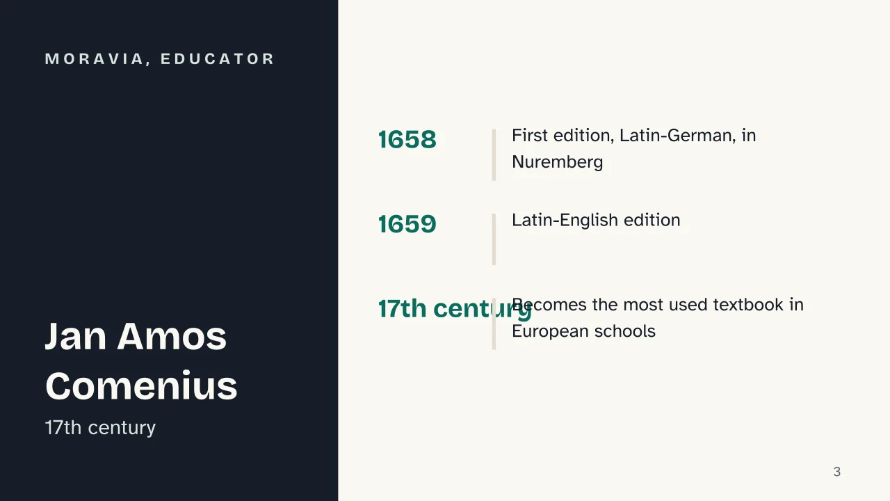 Slide 3 of the presentation on Orbis Pictus: Moravia, educator