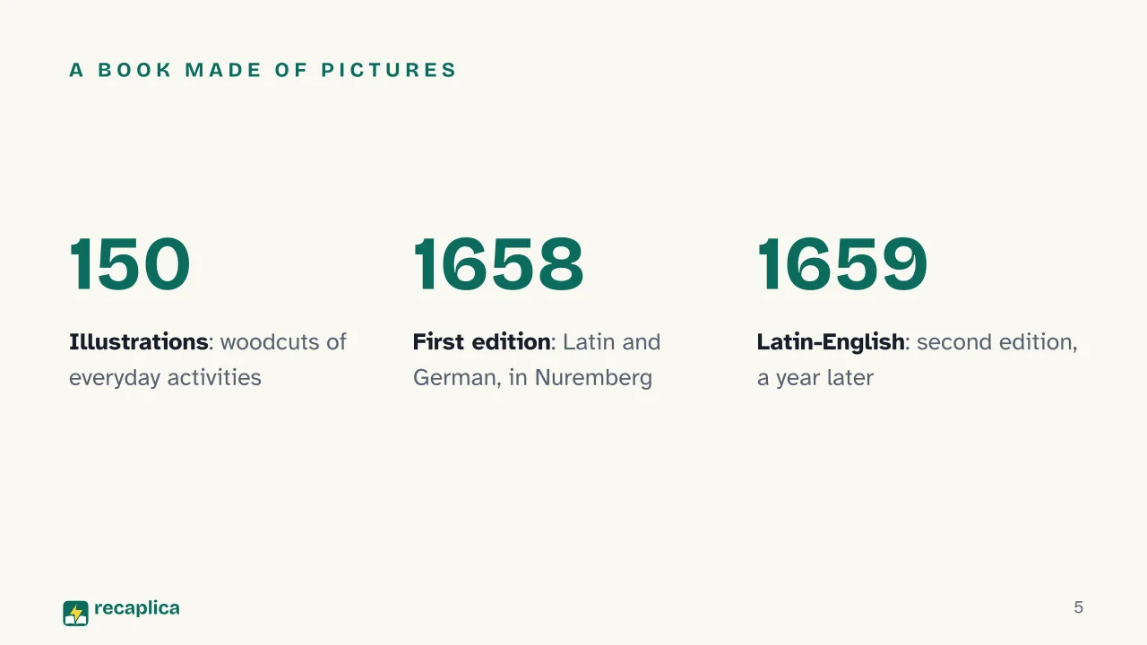 Slide 5 of the presentation on Orbis Pictus: A book made of pictures