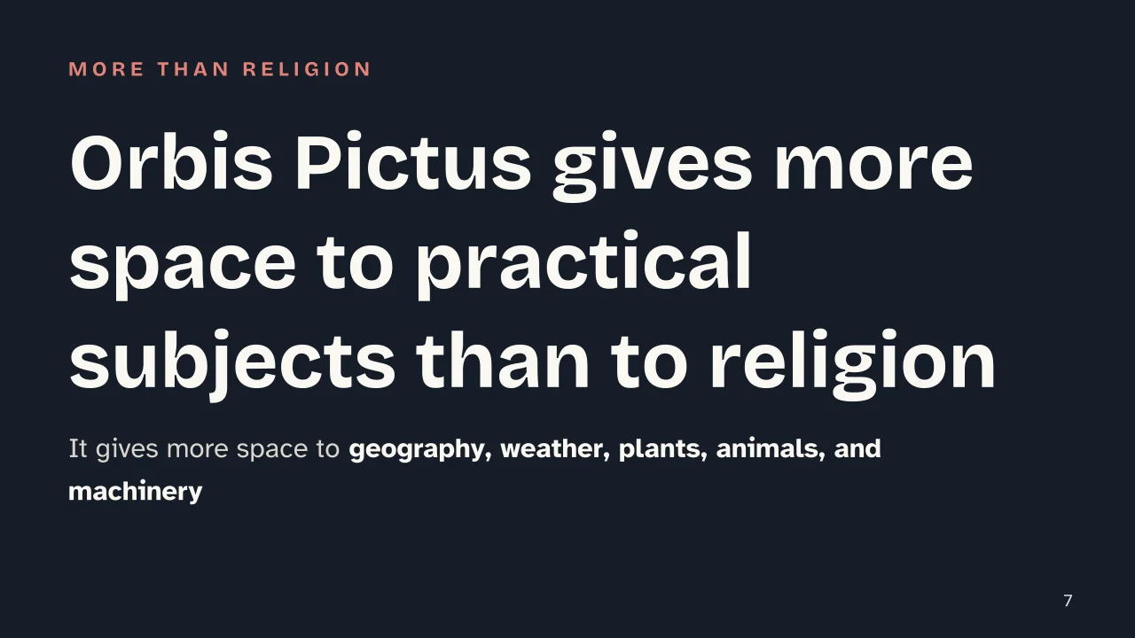 Slide 7 of the presentation on Orbis Pictus: Orbis Pictus gives more space to practical subjects than to religion