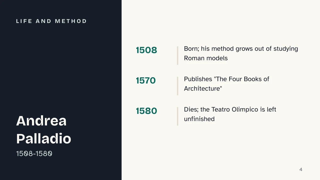 Slide 4 of the presentation on Palladian Architecture: Life and method