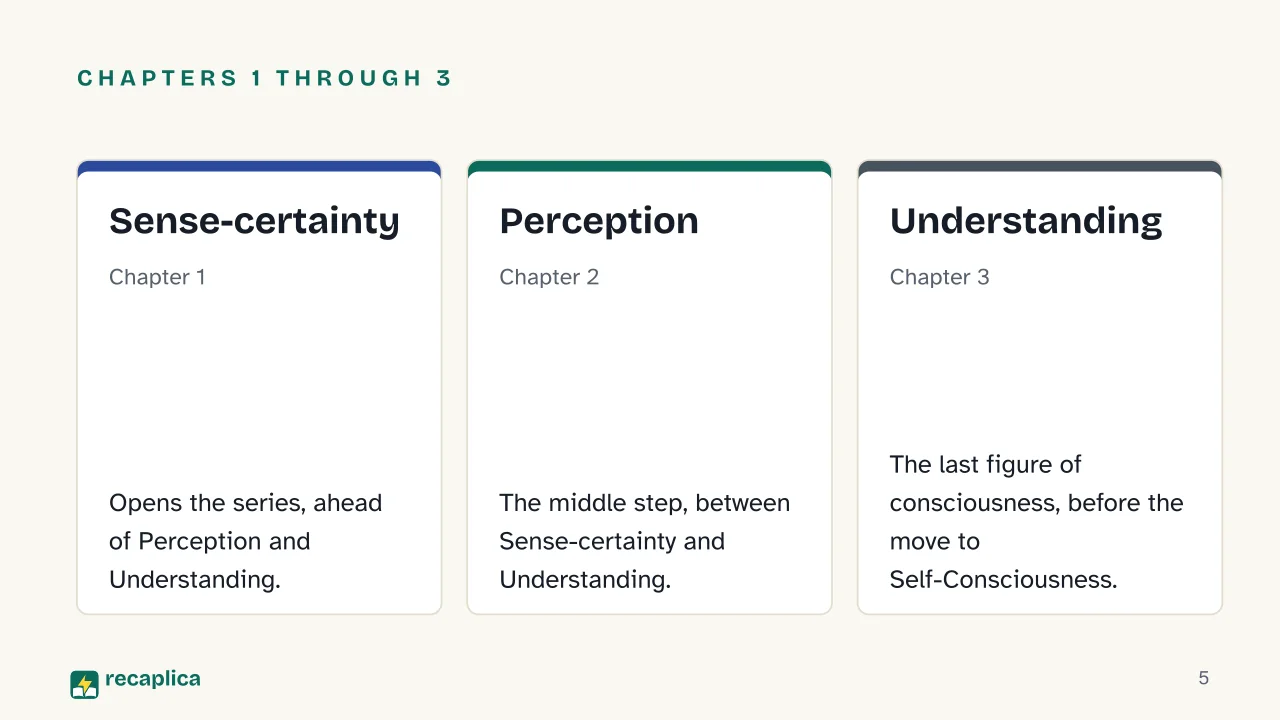 Slide 5 of the presentation on Phenomenology of Spirit: Chapters 1 through 3: Sense-certainty, Perception, Understanding