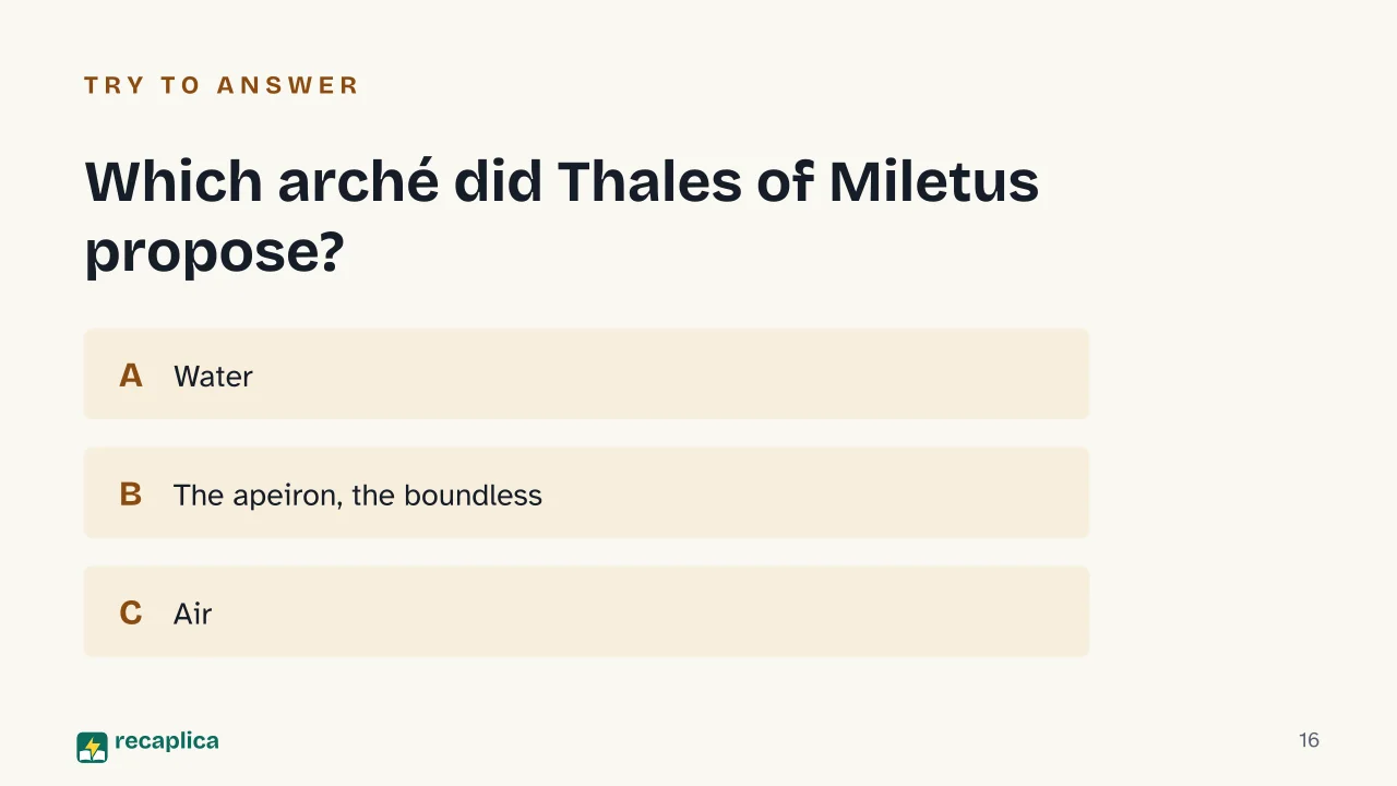Slide 16 of the presentation on Pre-Socratic Philosophers: Which arché did Thales of Miletus propose?