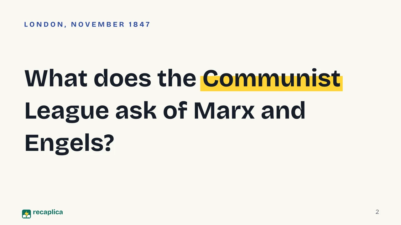 Slide 2 of the presentation on Principles of Communism: What does the Communist League ask of Marx and Engels?