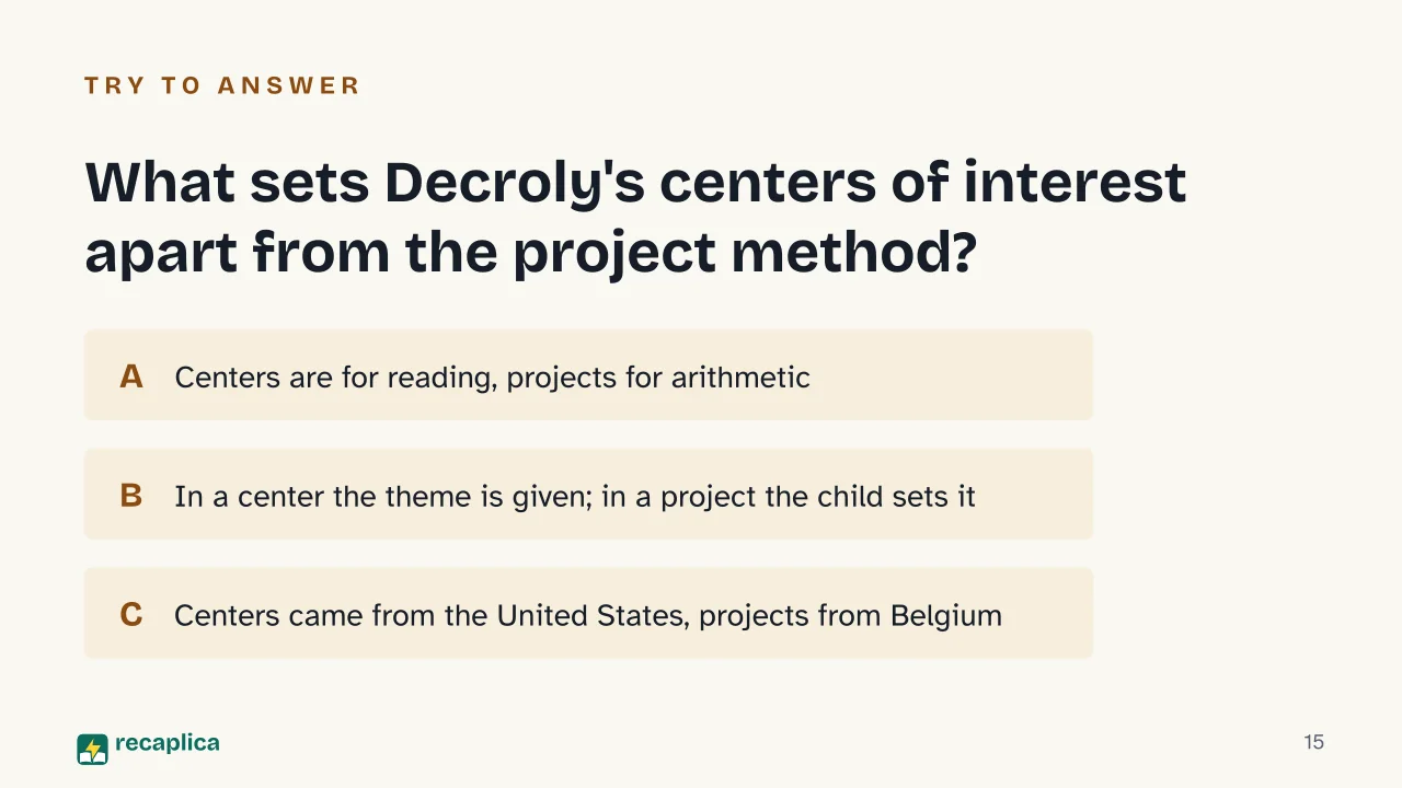 Slide 15 of the presentation on What Is Progressive Education? Principles and Pioneers of the New Schools: What sets Decroly's centers of interest apart from the project method?