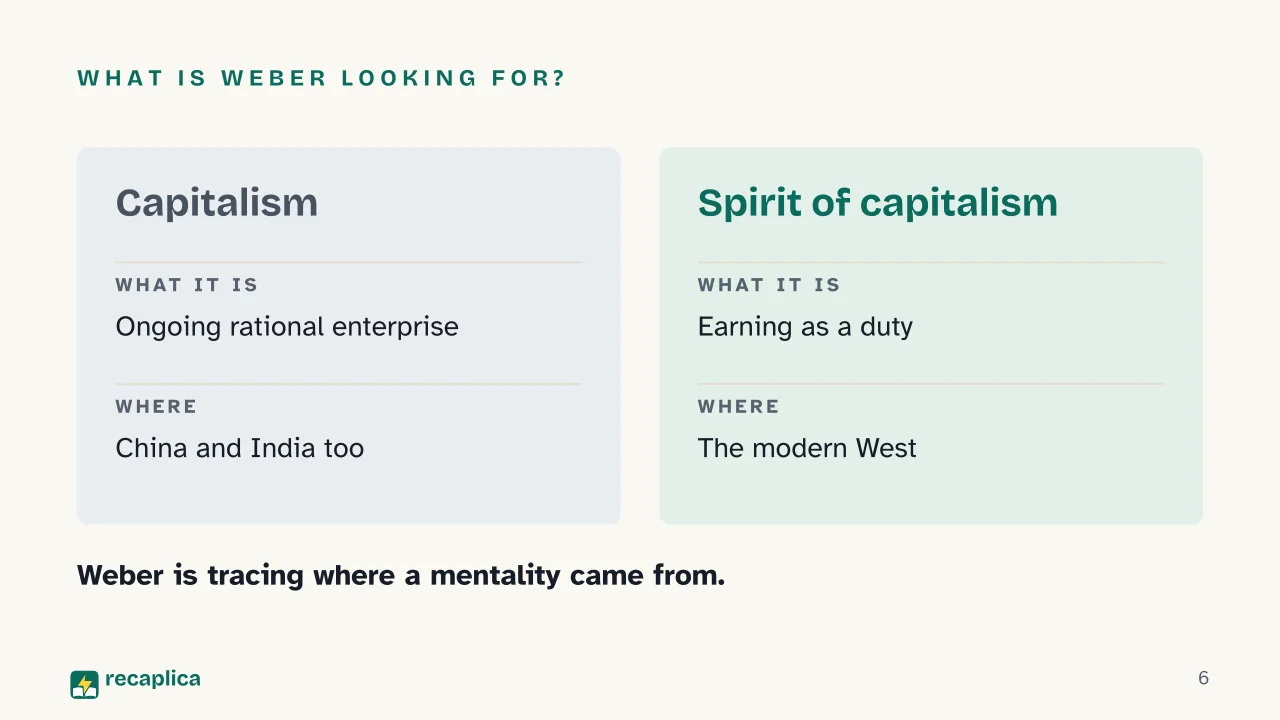 Slide 6 of the presentation on The Protestant Ethic and the Spirit of Capitalism: What is Weber looking for?